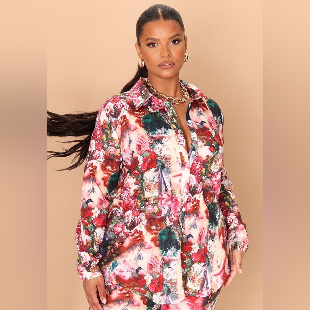 Prettylittlething plus rose Renaissance print button down women’s top sz US 12
